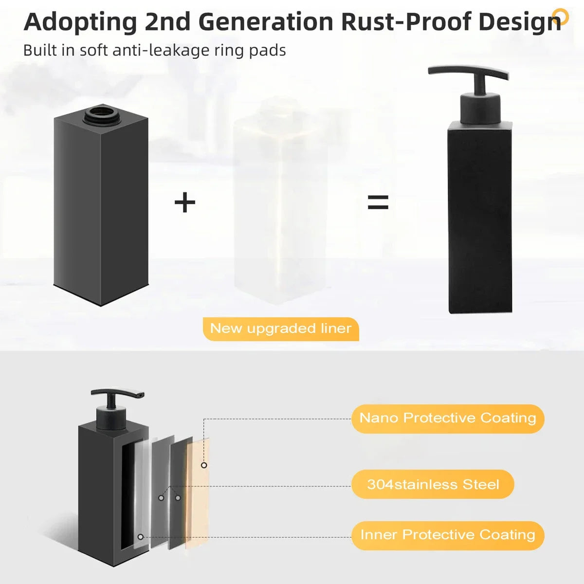 Matte Black 304 Stainless Steel Soap Dispenser Square Design Soap Dispenser Liquid Soap Dispenser for Bathroom